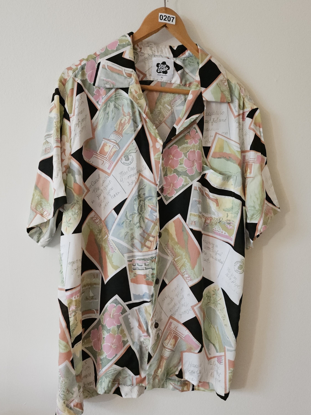 Hilo Hattie Black Button-Up Shirt with Pastel Pink, Green & Cream Postcard Print